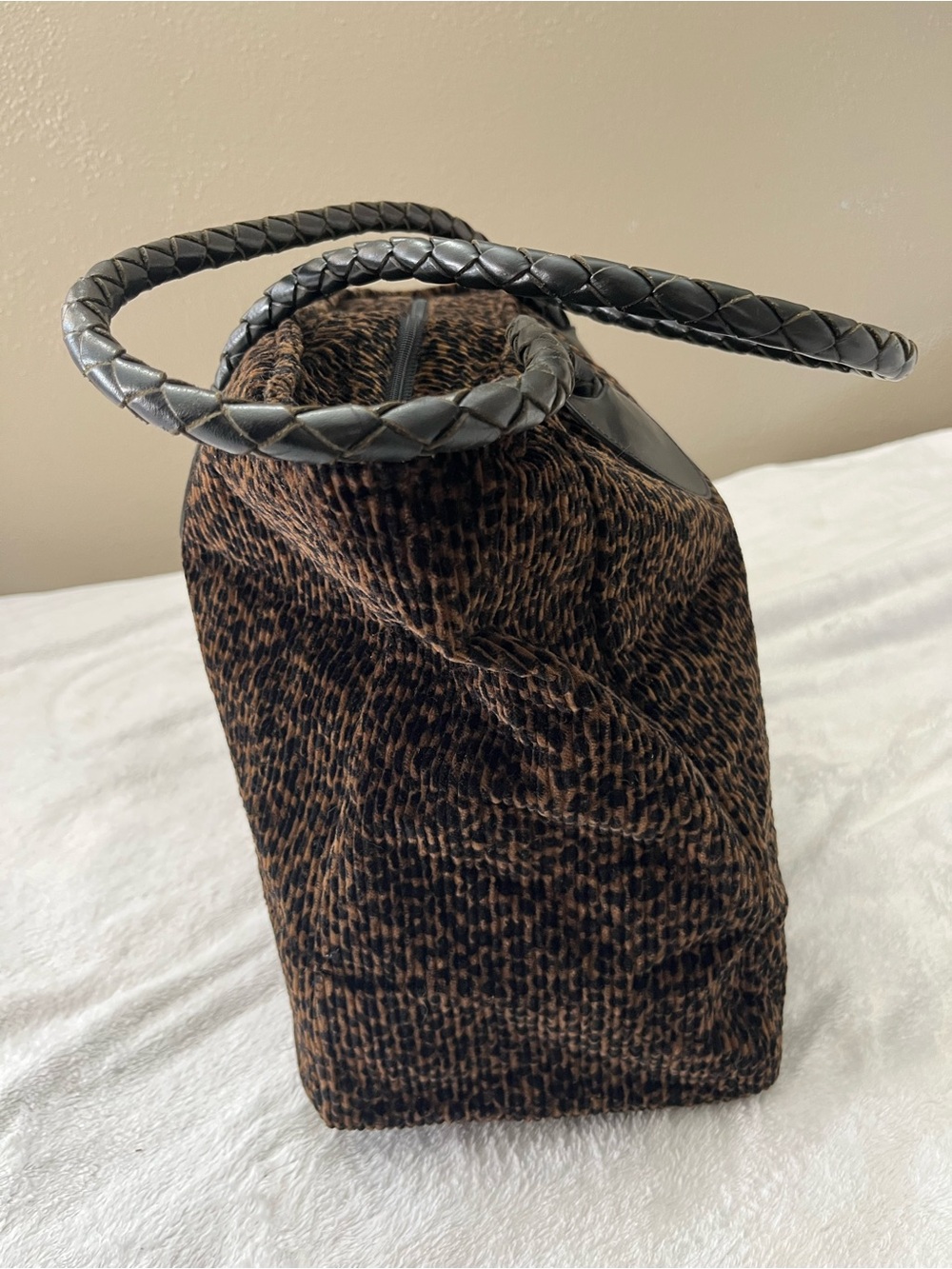 Nordic House Designs Leopard Print Corduroy Tote Bag Braided Leather Handles - Picture 6 of 12